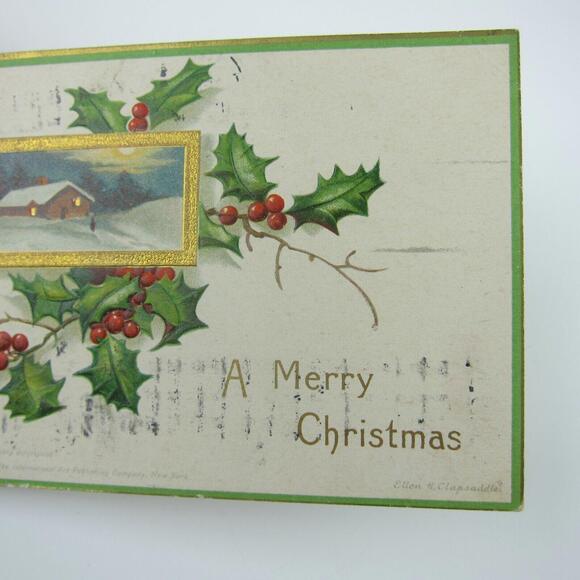 Christmas Postcard Snowy Cabin Holly Berries Clapsaddle Gold Embossed Antique - Picture 10 of 12